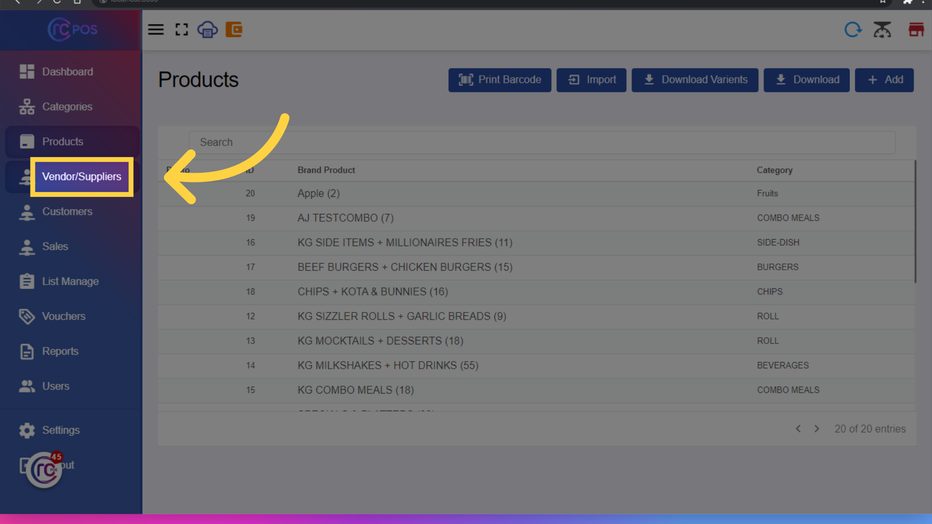 Click 'Vendor/Suppliers'