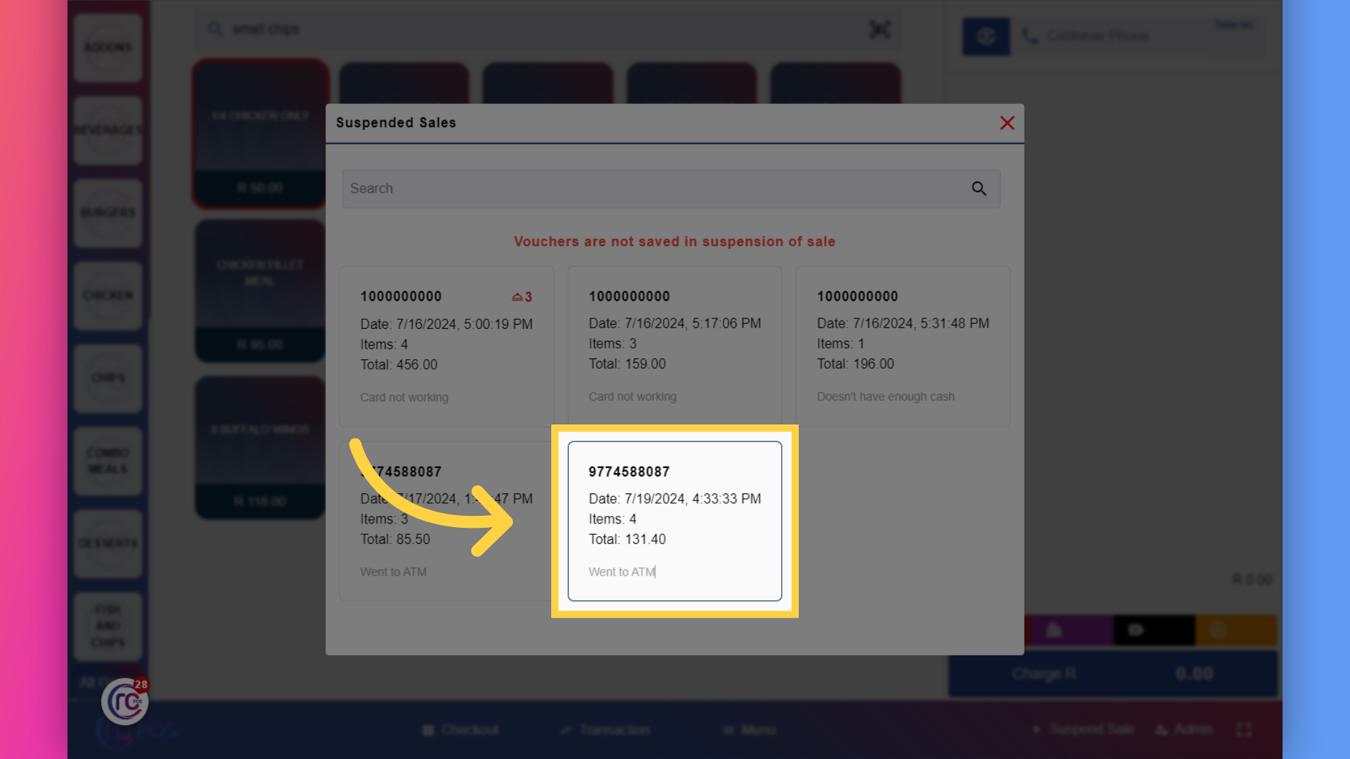 Click 'on the suspended sale'