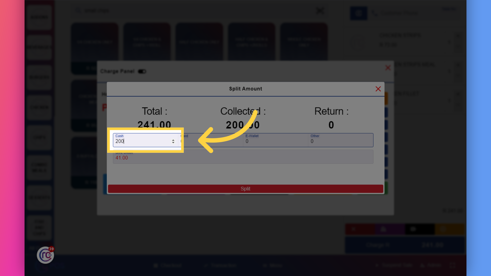 Enter 'the amount for cash'